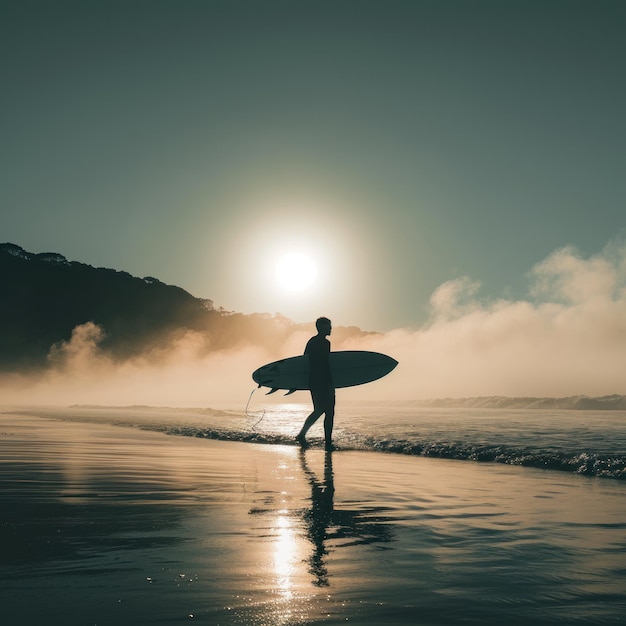 A person carrying a surfboard on the beach and on a rock can be seen from afar with a silhouette