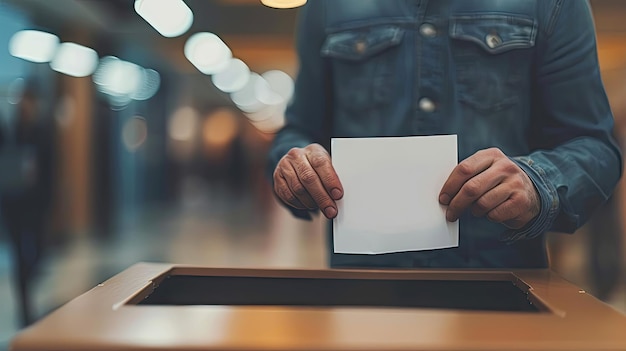 Person casting a vote in a ballot box concept of democracy