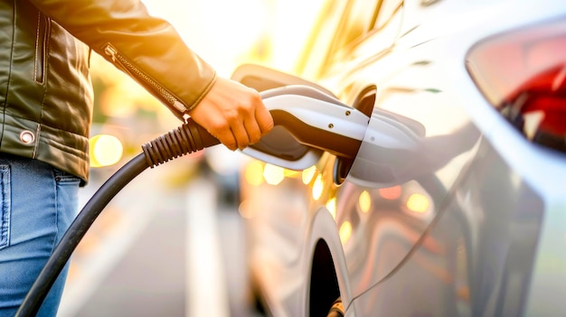 Person Charging Electric Car at StationxAxA