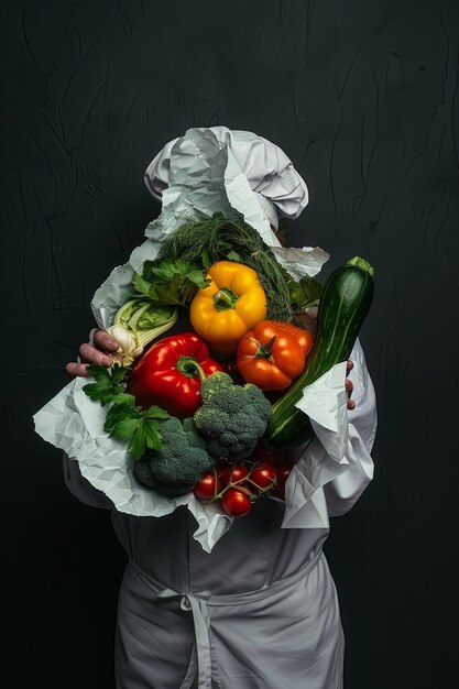 A person in chef attire holding an array of fresh vegetables popping out through a paper tear