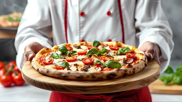 a person in a chefs uniform holds a pizza with tomatoes and basil