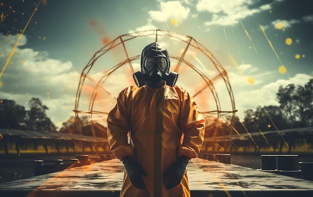 A person in a chemical protection suit against radiation with radioactive warning handling chemical