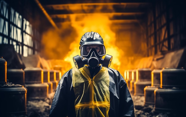 A person in a chemical protection suit against radiation with radioactive warning handling chemical