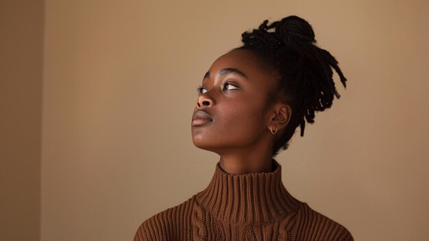 A person in a chocolate brown sweater against a beige wall