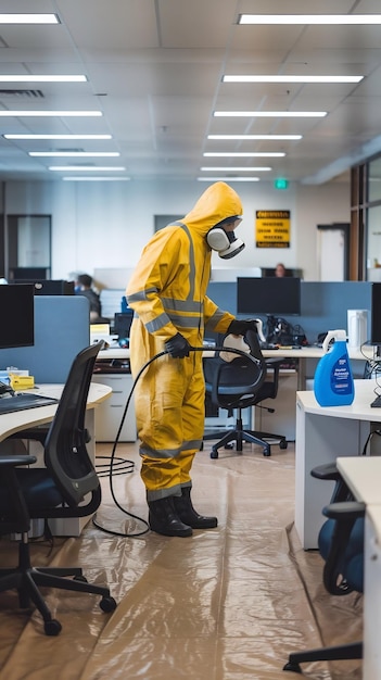 Photo person cleaner and spray chemicals office for fumigation disinfect and safety suit from disease r