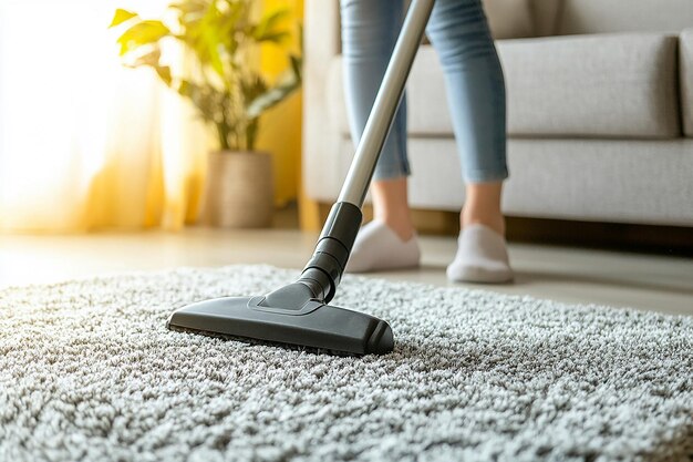 a person cleaning the carpet with a vacuum cleaner