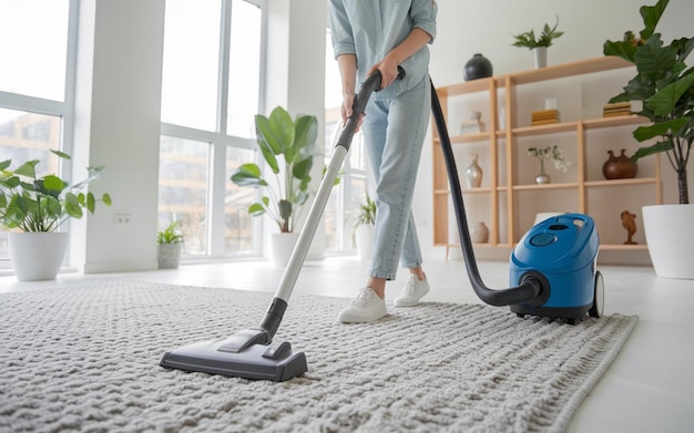 a person cleaning the carpet with a vacuum cleaner