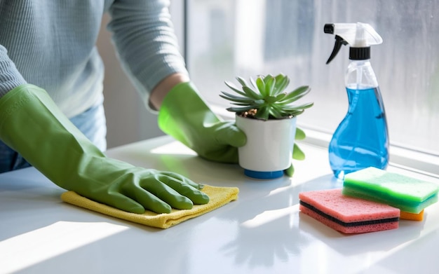 a person cleaning a kitchen counter with a plant and a pot with a sponge