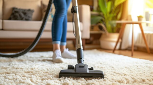 Person Cleaning Plush Carpet with Modern Vacuum Cleaner