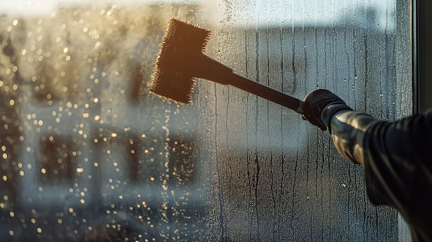 Photo a person cleaning a wet glass window using a squeegee with sunlight reflecting on the surface and water droplets visible