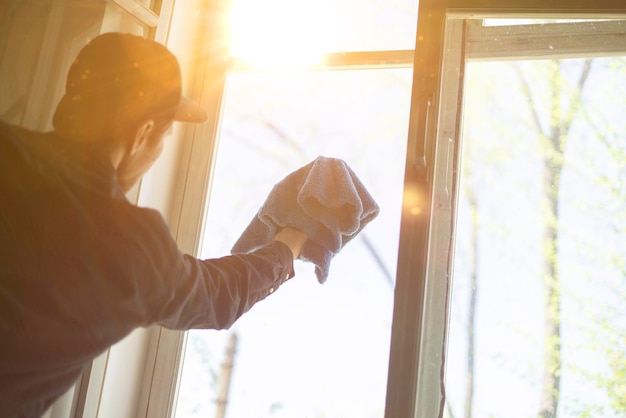 A person cleaning the window glass using microfiber