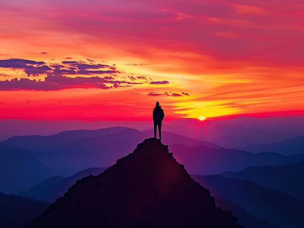 Photo person on a cliff at sunset achieving peaks