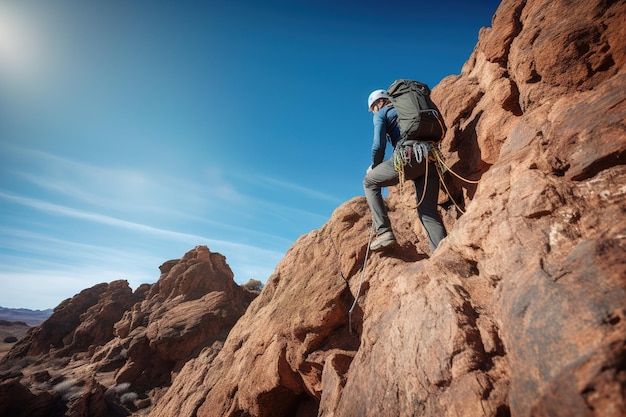 A person climbing a cliff way to a mountain top Generative ai