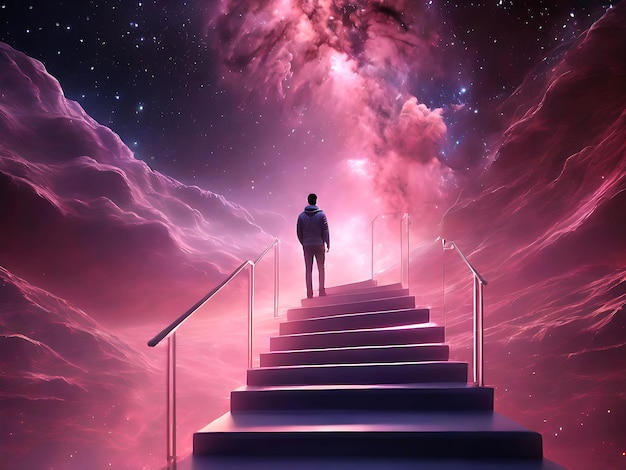 Person climbing escalator of stairway to heaven Images AI GENERATED