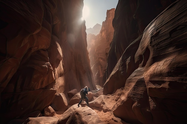 Person climbing precarious rock face surrounded by towering canyons created with generative ai