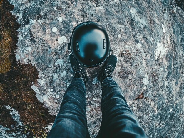 Photo person climbing on rock with helmet