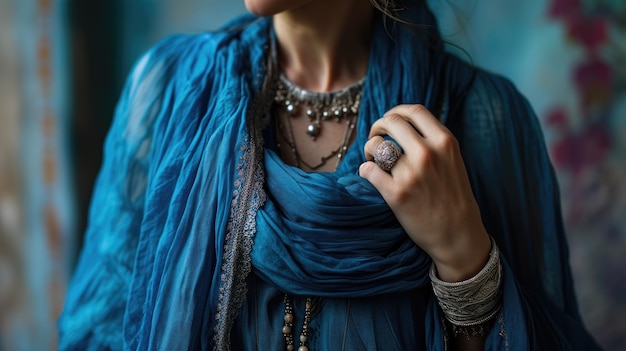 Person clutching a blue scarf with silver and turquoise jewelry