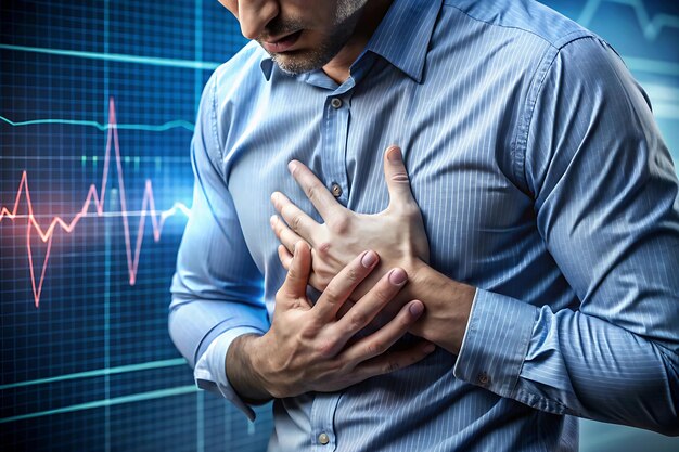 Photo person clutching chest in pain with heart monitor graph behind them