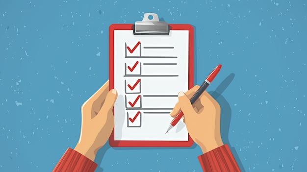 Person completing a checklist on a clipboard with a red pen