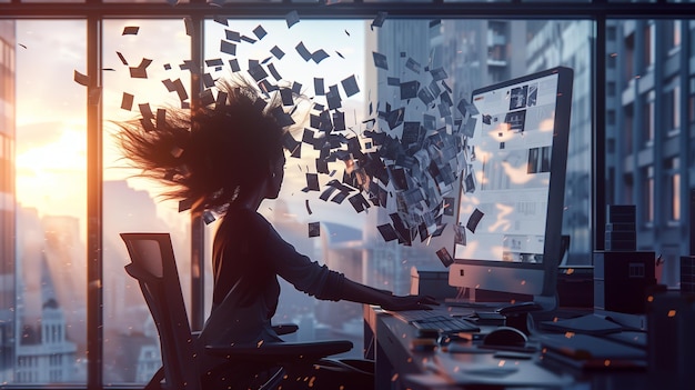 A person at a computer surrounded by a whirlwind of stock images atmosphere of modern technology