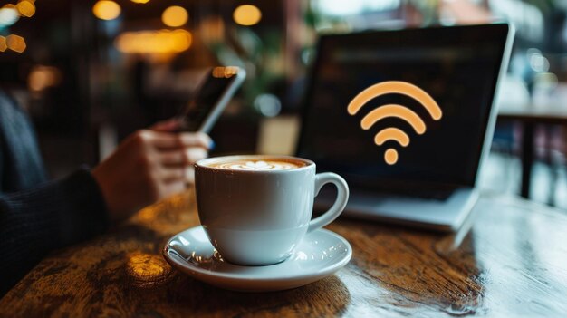 Photo a person connecting to a highspeed wifi network at a coffee shop highlighting the convenience of wireless connectivity