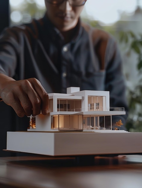 A person constructing a scale model of a residence