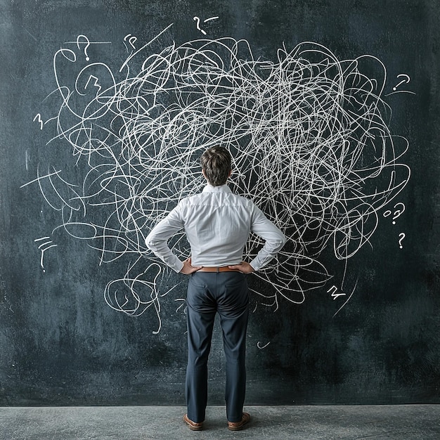 Person Contemplating Complex Problem on Chalkboard