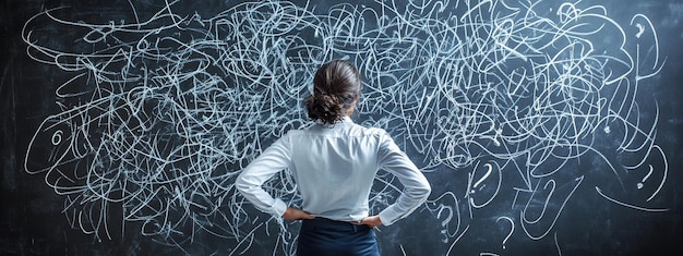 Person Contemplating Complex Problem on Chalkboard