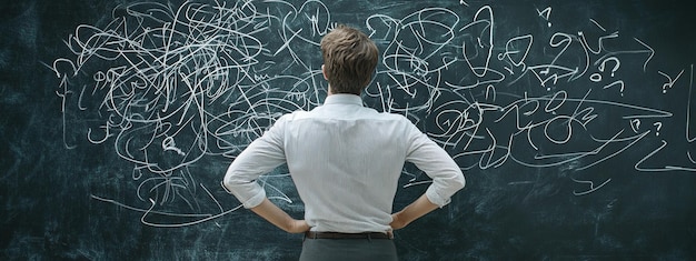 Person Contemplating Complex Problem on Chalkboard