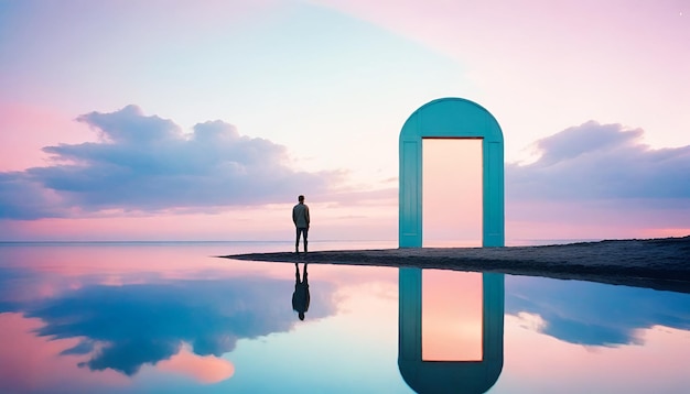 Photo a person in contemplation before a vibrant iridescent door standing alone in a tranquil reflective