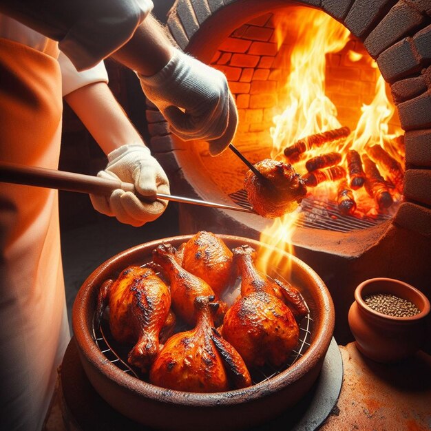 a person cooking chicken in a pan with a fire in the background