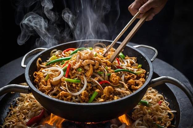 Photo a person cooking food with chopsticks on a pan