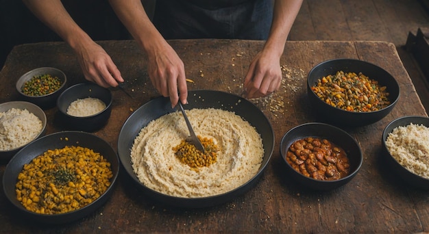 Photo a person cooking food with many different foods including beans corn and beans