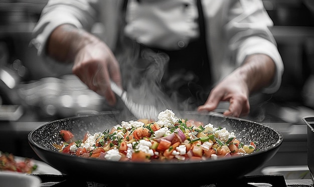 a person cooking food with a pan of food with a knife