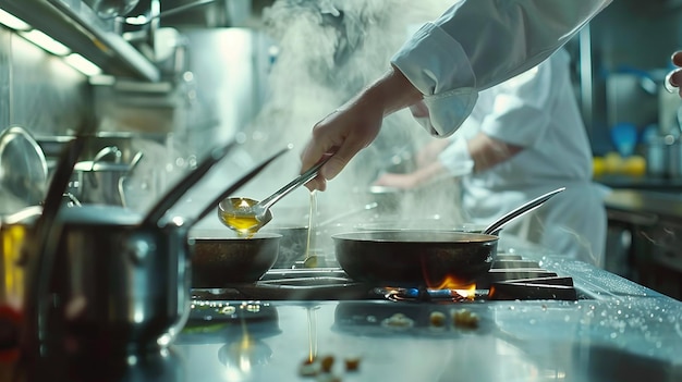 Photo a person cooking food with a pan of oil and a pan of oil