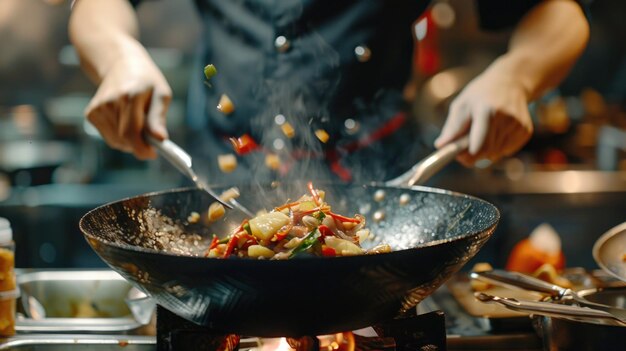 A person cooking food in a wok on a stove Great for culinary concepts