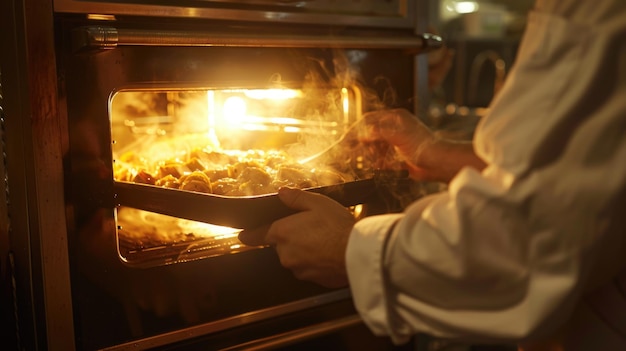 Photo person cooking in oven