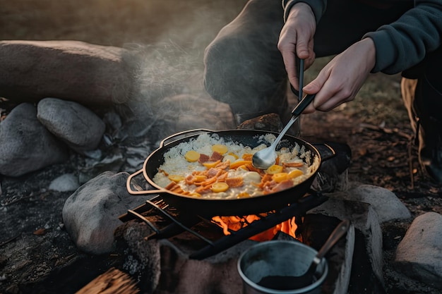 Person cooking warm meal of scrambled eggs and bacon on camping stove created with generative ai