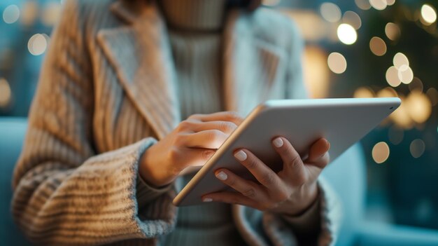 Photo a person cozied up in a warm sweater is engrossed in using a tablet with the festive glow of bokeh lights in the background capturing the essence of modern leisure in the holiday season