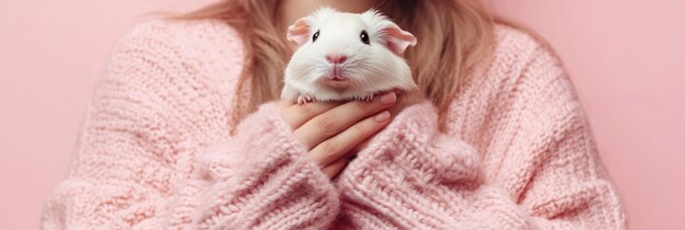 Photo a person in a cozy sweater holds a guinea pig against a pink background