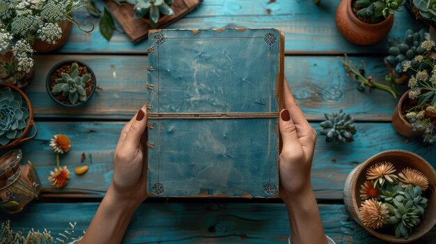 A person crafting a handmade journal from recycled materials