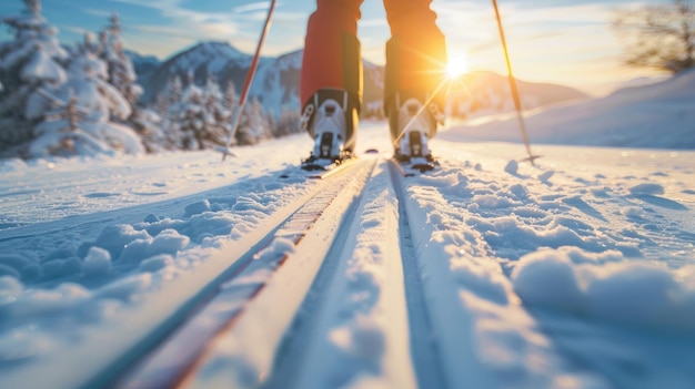 Photo person crosscountry skiing on groomed snow tracks at sunset with mountain background