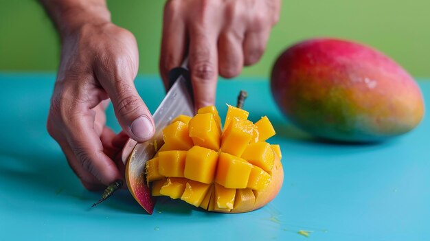 Photo person cutting fruit with a knife