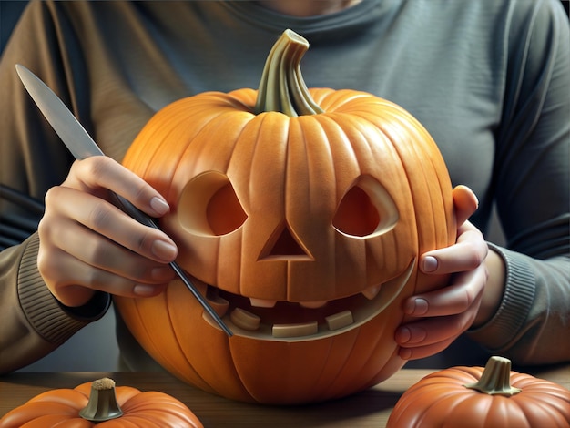 a person cutting a pumpkin with a knife and a knife