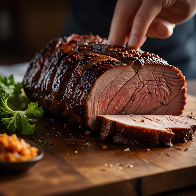 a person cutting up a piece of meat on a cutting board