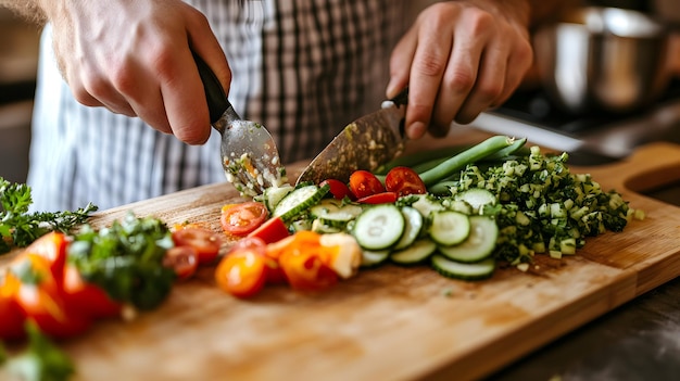 Photo a person cutting vegetables on a cutting board with a knife