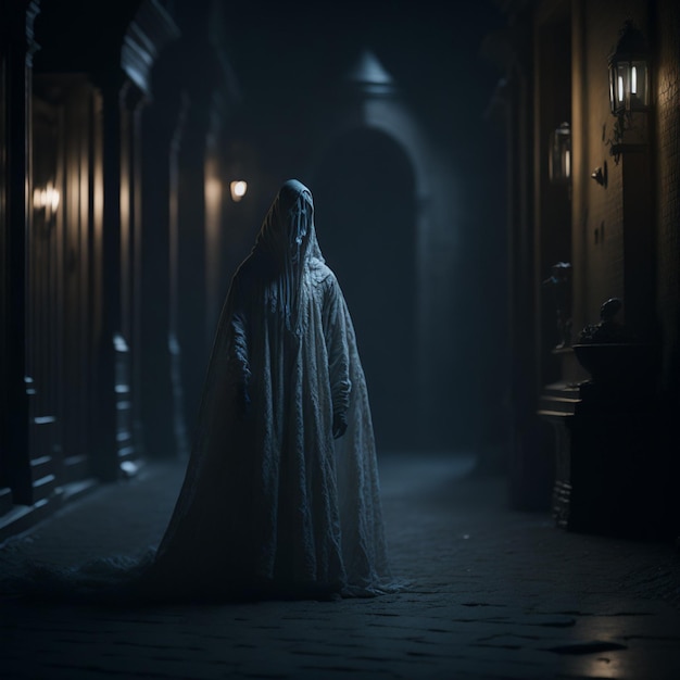 A person in a dark alley with a long white robe standing in front of a wall with lights on.