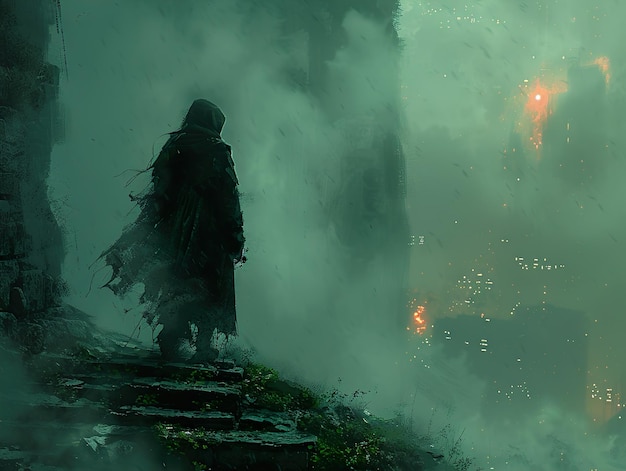 a person in a dark costume stands on a hill with a firework in the background