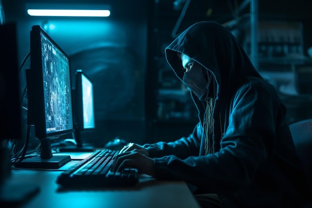 A person in a dark room with a hoodie on with a computer monitor that says cybercrime.