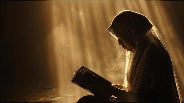 Photo a person deeply engrossed in reading or studying a quran